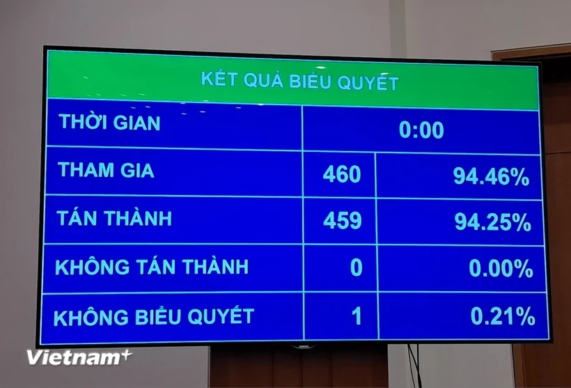 投票结果显示，在场的460名代表（占94.46%）中的459名投了赞成票（占比94.25%），反对票一票。图自vietnamplus