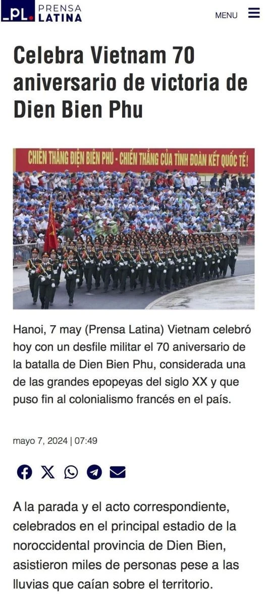 The Latin American News Agency Prensa Latina publicises an article about Vietnam's Dien Bien Phu Victory on May 7. (Photo: VNA broadcasts)