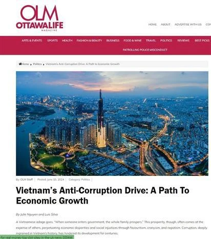 The article about Vietnam's anti-corruption efforts on Canada’s Ottawa Life magazine. (Photo: VNA broadcasts)