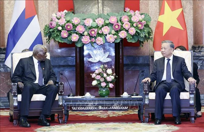 President To Lam (R) receives President of the National Assembly (NA) of People's Power of Cuba Esteban Lazo Hernandez in Hanoi on July 24. (Photo: VNA)