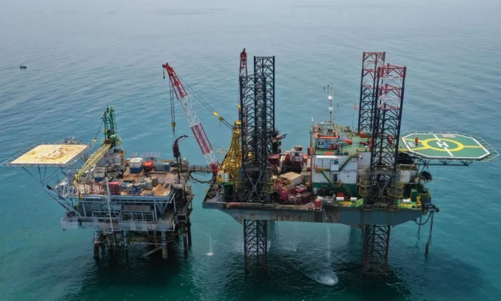 The Pertamina Hulu Energi (PHE) Offshore North West Java (ONWJ) oil and gas rig is pictured on April 2, 2023, in the waters off Indramayu, West Java. (Photo: Antara) 