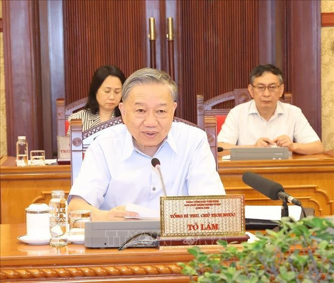 General Secretary and President To Lam speaks at a meeting of the Politburo and the Secretariat of the Party Central Committee on September 9, 2024, to direct the settlement of the consequences of floods caused by typhoon Yagi and responding to floods and landslides in the coming time. (Photo: VNA)