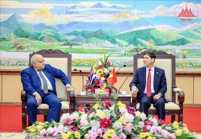 Secretary of the Vinh Phuc provincial Party Committee Duong Van An (right) receives Cuban Ambassador to Vietnam Orlando Nicolas Hernandez Guillen. (Photo: VNA)