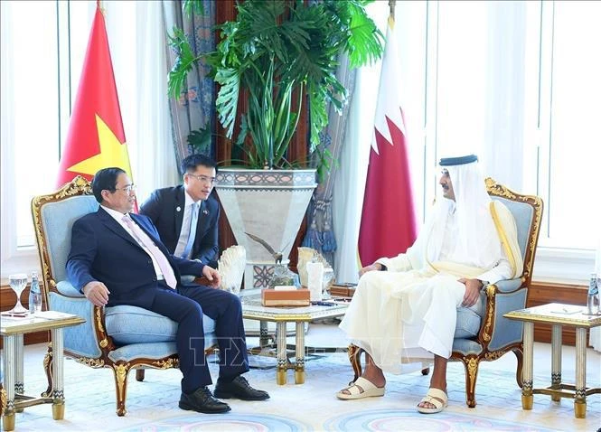 Vietnamese Prime Minister Pham Minh Chinh (L) meets with Emir of Qatar Sheikh Tamim Bin Hamad Al Thani in Doha on October 31. (Photo: VNA)