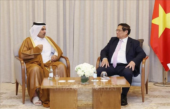 Prime Minister Pham Minh Chinh (R) and Saad bin Sherida Al Kaabi, Minister of State for Energy Affairs of Qatar and CEO of Qatar Energy. (Photo: VNA)