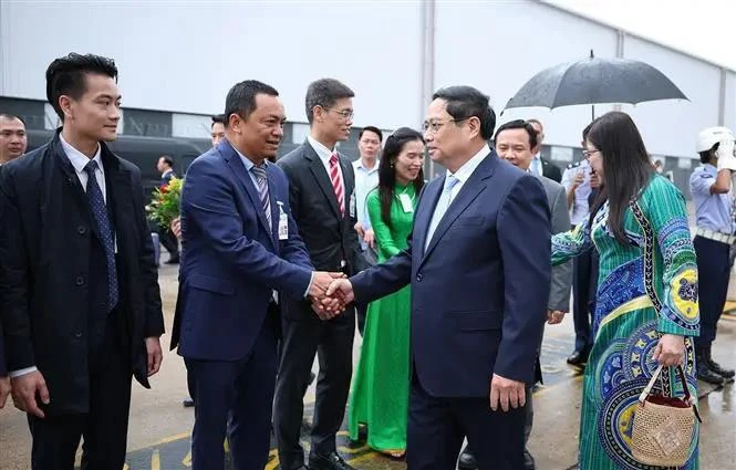 Staff of the Vietnamese Embassy in Brazil welcome Prime Minister Pham Minh Chinh and his spouse in Rio de Janeiro. (Photo: VNA)