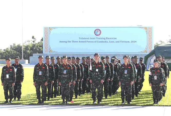 Vietnamese officers and soldiers at the exercise in Cambodia. (Photo: VNA)