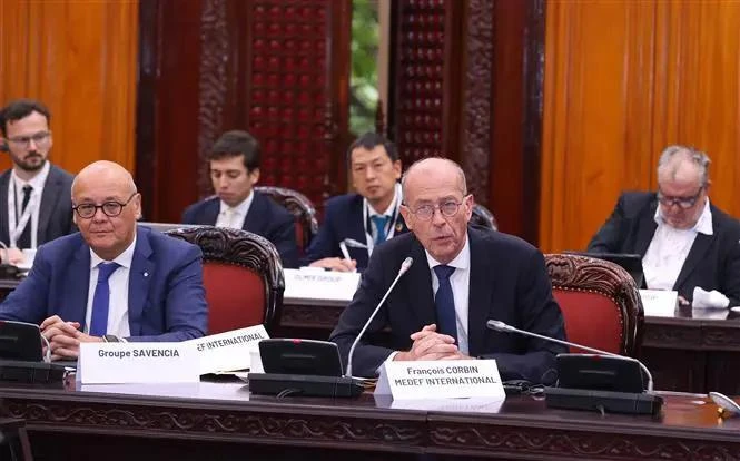 Francois Corbin, Vice President of MEDEF International in charge of coordination in the ASEAN region, and the French Minister for Europe and Foreign Affairs' special representative for economic relations in the ASEAN region speaks at the meeting with Deputy PM Tran Hong Ha. (Photo: VNA)