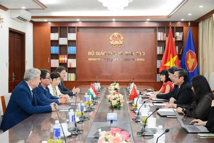 Representatives of the Vietnamese Ministry of Education and Training have a meeting with those from Hungary (Photo: PV/Vietnam+)
