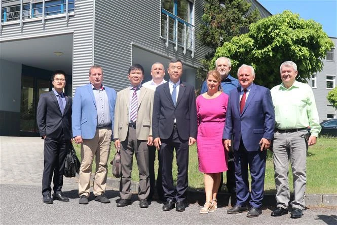 Representatives of the Vietnamese Embassy in the Czech Republic and Mega Group pose for a group photo (Photo: VNA)