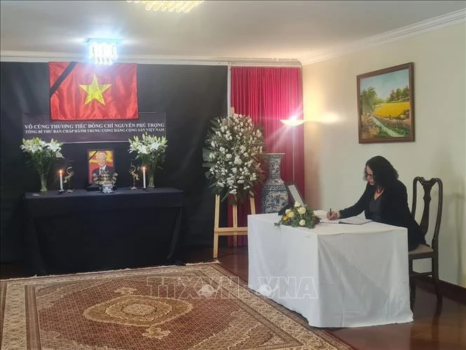 Luciana Santos, Chairman of PCdoB and Minister of Science, Technology, and Innovation signs the condolence book at the Vietnamese Embassy in Brazil (Photo: VNA)