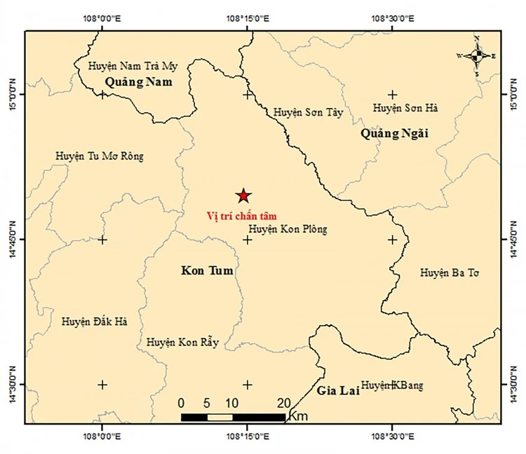 The map of the epicenter of the 5.0-magnitude earthquake occurring on July 28 in Kon Plong district, Kon Tum province. (Photo: https://baodauthau.vn/)