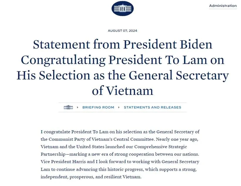 The White House's website publishes a congratulatory statement from US President Joe Biden to Vietnamese President To Lam on his election as the General Secretary of the Communist Party of Vietnam Central Committee. (Photo: Screenshot)