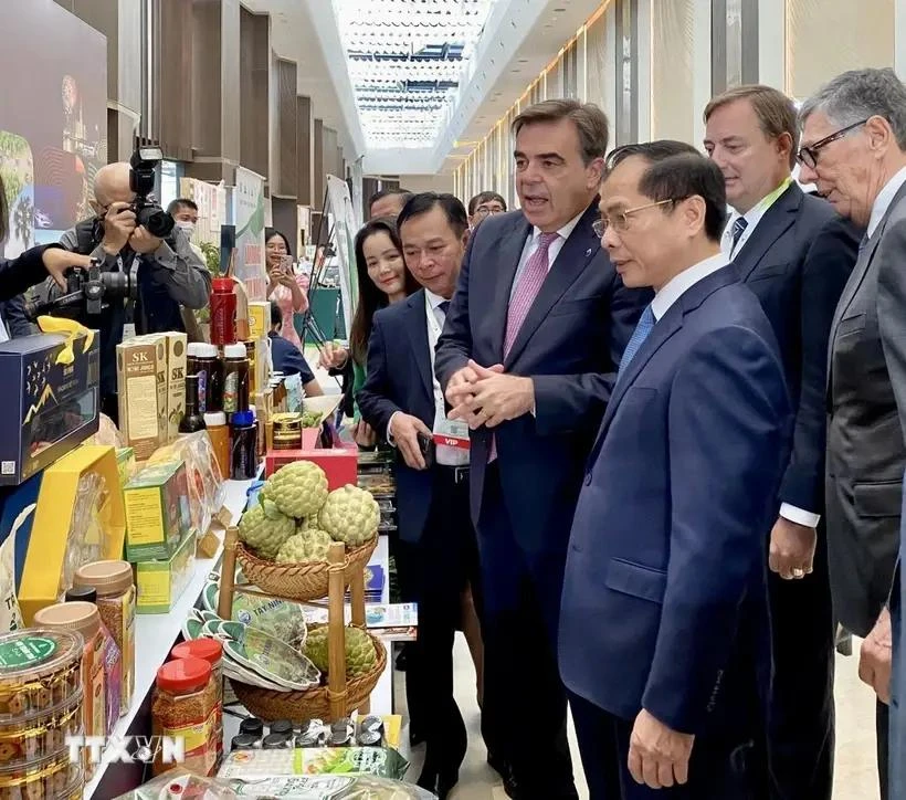 Deputy Prime Minister and Minister of Foreign Affairs Bui Thanh Son visits a Vietnamese booth at the event. (Photo: VNA)