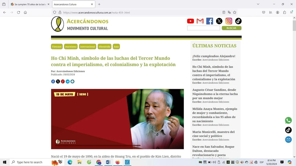 Screenshot of the article on President Ho Chi Minh posted on Acercandonos Cultura website (Photo: VNA)