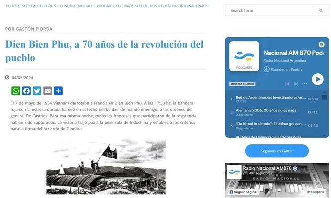 Radio Nacional Argentina publica el artículo para recuerdar de la victoria de Dien Bien Phu. (Fuente: VNA)