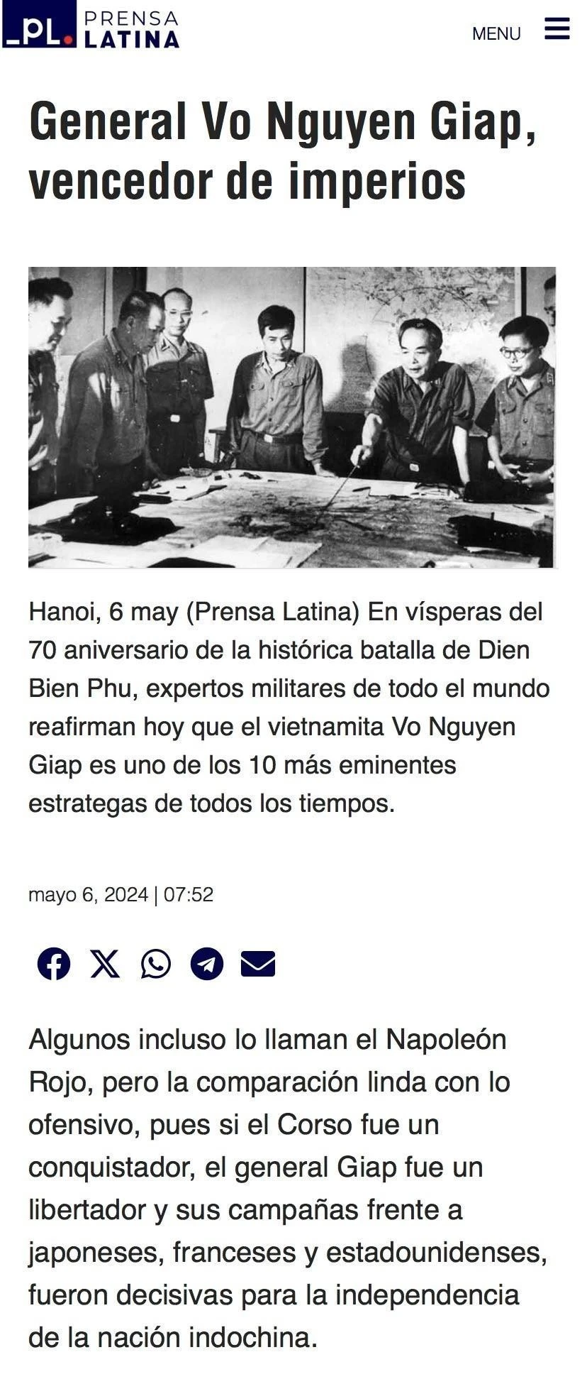 “General Vo Nguyen Giap, vencedor de imperios” es publicado por La Agencia Informativa Latinoamericana Prensa Latina el 6 de Mayo. (Fuente:VNA)