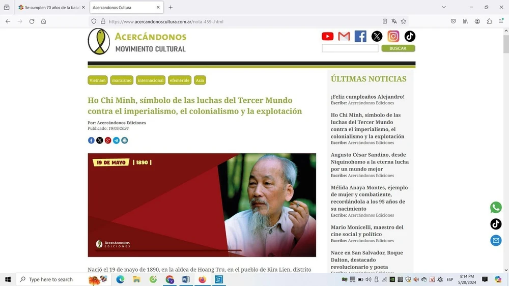 El sitio web Acercándonos Cultura de Argentina dedica su espacio especial para divulgar la contribución del Presidente Ho Chi MInh. 