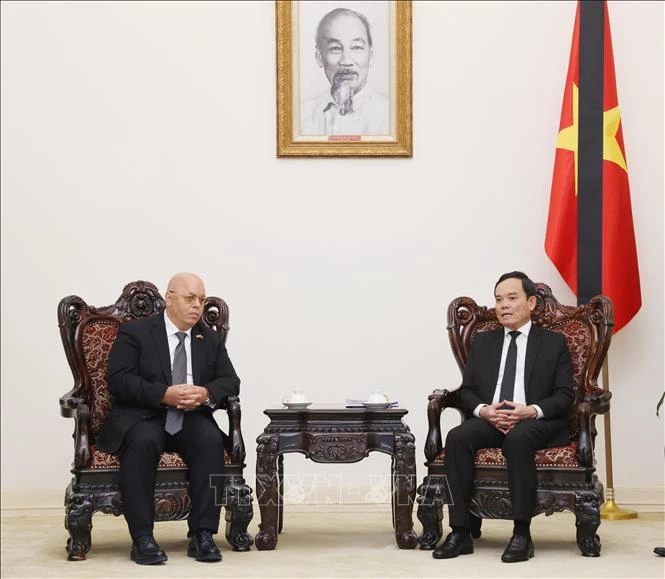 El viceprimer ministro de Vietnam Tran Luu Quang sostiene un encuentro con el ministro argelino de Muyahidines (Veteranos de Guerra) y Titulares de Derechos, Laid Rebiga. (Fuente: VNA)