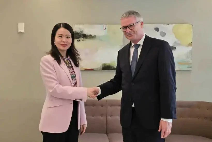 La vicecanciller vietnamita Nguyen Minh Hang y Jeppe Tranholm-Mikkelsen, vicesecretario de Estado permanente del Ministerio de Asuntos Exteriores de Dinamarca. (Fuente: VNA)