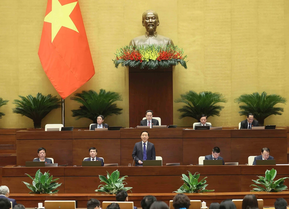 越南政府副总理陈红河在会议上发言。图自越通社