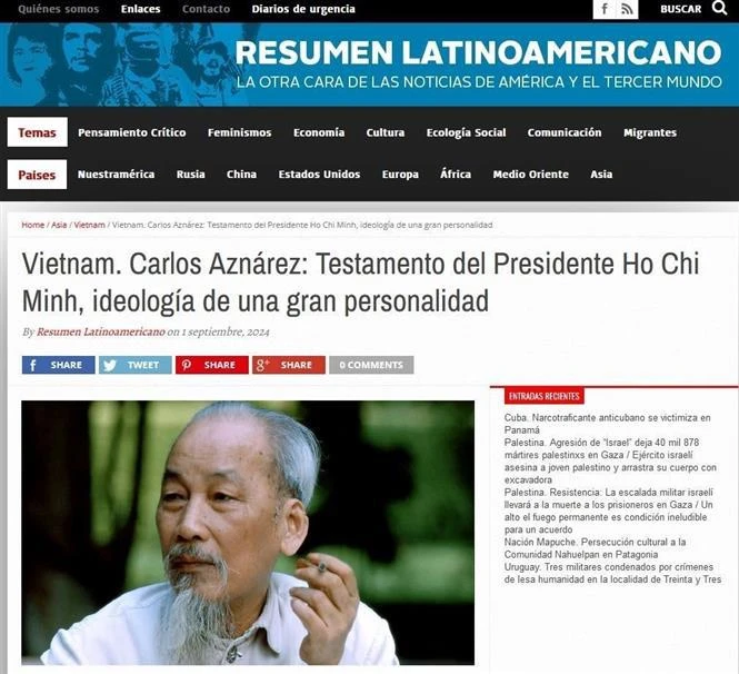 Article sur le Président Hô Chi Minh publié par le site Resumen Latinoamericano. Photo: capture d'écran