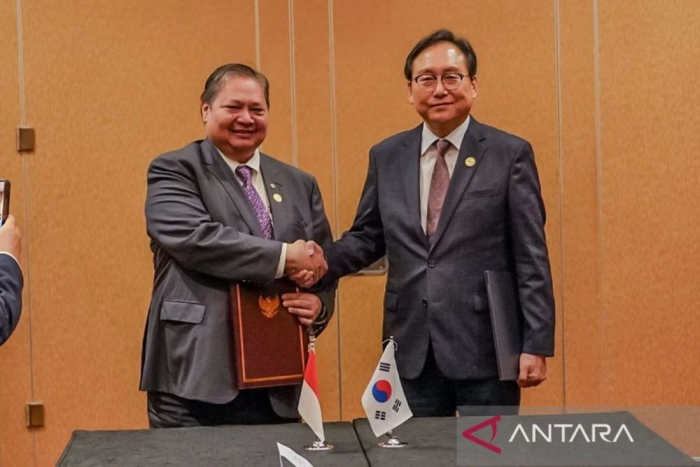 Indonesian Coordinating Minister for Economic Affairs, Airlangga Hartarto (left), and RoK's Minister of Trade, Inkyo Cheong, shake hands after signing a memorandum of understanding on the implementation of Article 6 of the Paris Agreement in Singapore on June 6, 2024. (Photo: en.antaranews.com)