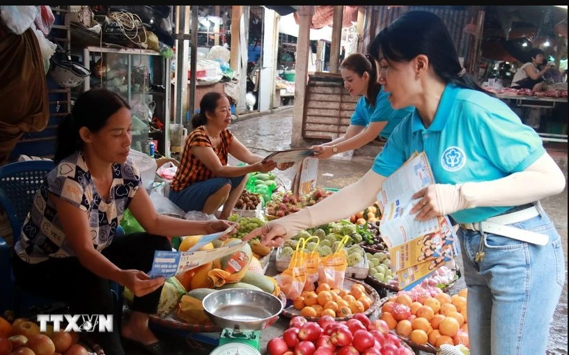Distribute leaflets and popularise social insurance policies to people in Nam Dinh city. (Photo: VNA) 