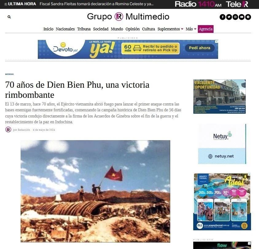 Article du journal uruguayen Grupo R Multimedio saluant la Victoire de Dien Bien Phu. Photo: VNA