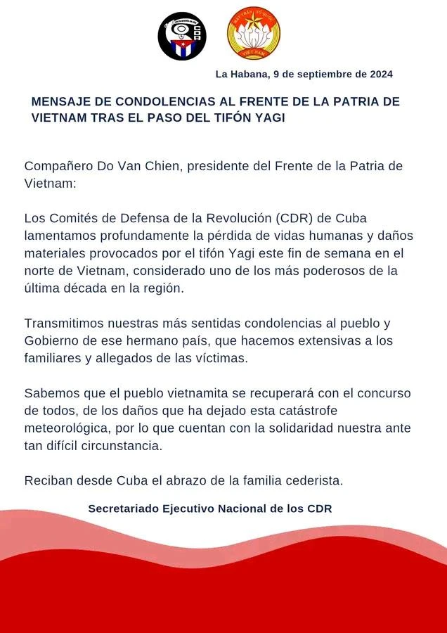 El mensaje que los CDR manda al Frente de la Patria de Vietnam (Fuente: Cortesía de los CDR)