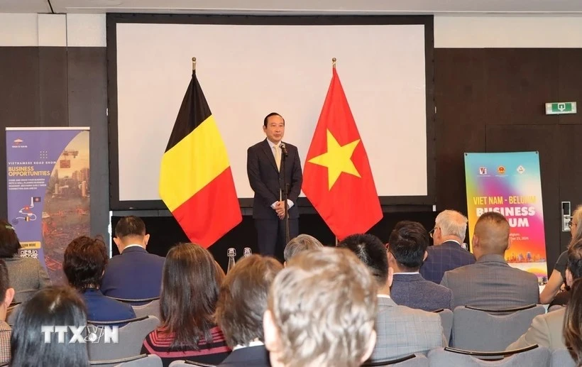 El embajador vietnamita en Bélgica y jefe de la delegación vietnamita ante la Unión Europea (UE), Nguyen Van Thao, habla en el foro (Fuente: VNA)