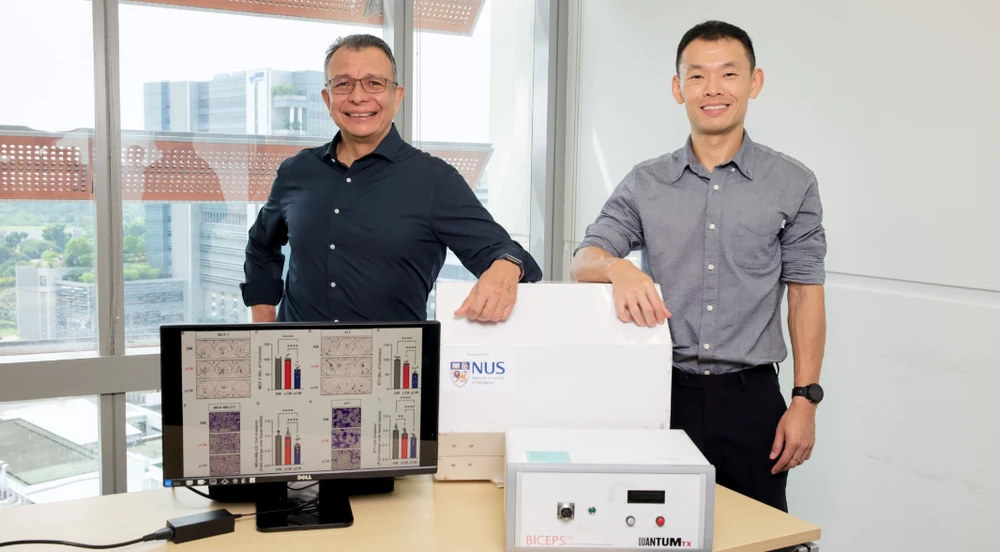 NUS scientists have discovered a new way to stimulate muscle cells to produce and release proteins possessing anticancer properties, by using brief and mild pulsed electromagnetic pulses of particular characteristics. (Photo courtesy of the NUS)