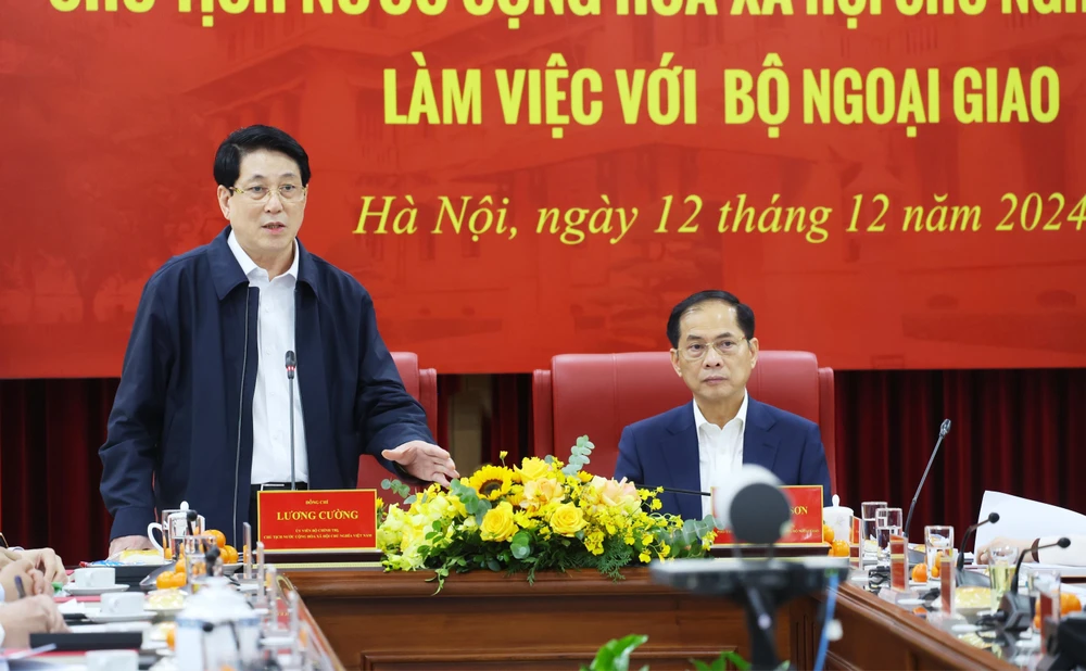 State President Luong Cuong speaks at the working session with the Ministry of Foreign Affairs on December 12. (Photo: VNA)