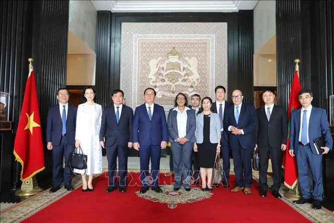 越南共产党代表团与摩洛哥众议院副议长纳迪亚·图阿米合影。图自越通社