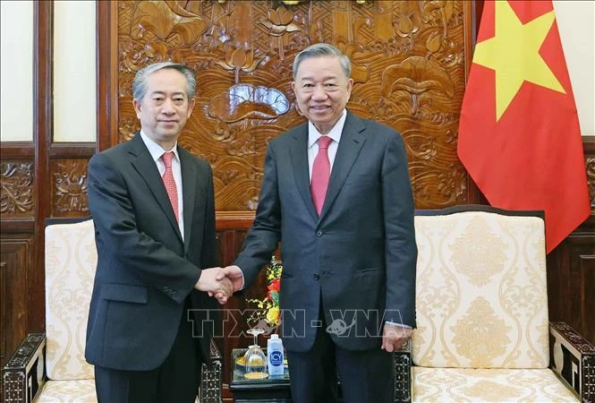 越南国家主席苏林（右)会见中国驻越南大使熊波。图自越通社