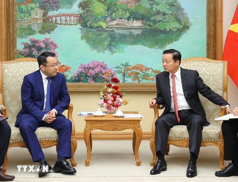 El viceprimer ministro de Vietnam Tran Hong Ha )derecho) recibe al director ejecutivo del grupo chino Geely Auto, Gan Jiayue. (Fuente: VNA)