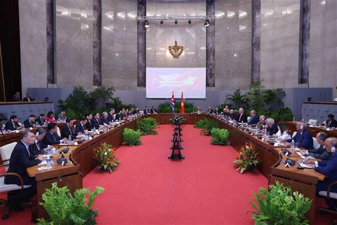 El secretario general del Comité Central del Partido Comunista de Vietnam (PCV) y presidente del Estado, To Lam, sostiene conversaciones con su homólogo cubano, Miguel Díaz-Canel Bermúdez. (Fuente: VNA)