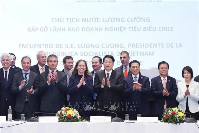 El presidente de Vietnam, Luong Cuong, y representantes de empresas chilenas. (Fuente: VNA)