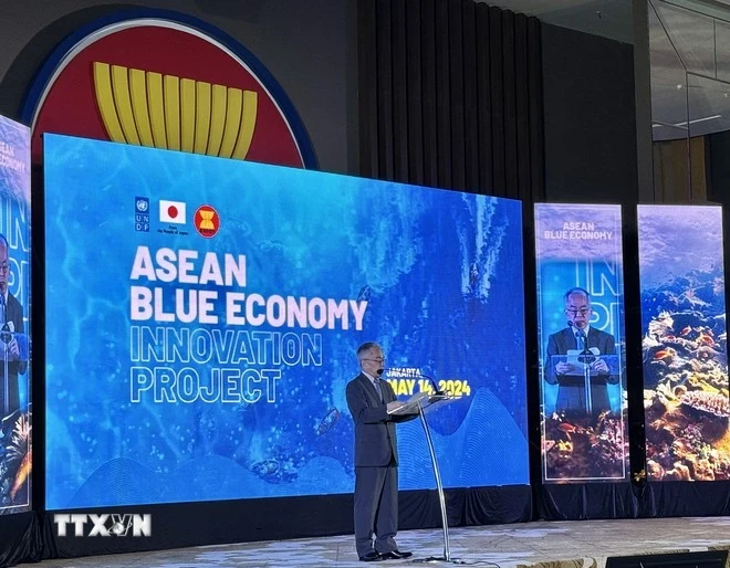 Постоянный представитель ПРООН в Индонезии Норимаса Шимомура выступает на церемонии запуска инновационного проекта «Голубая экономика АСЕАН» в Джакарте 14 мая. (Фото: ВИА) 