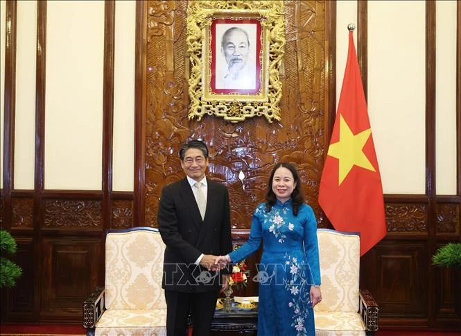 Исполняющая обязанности президента Во Тхи Ань Суан (справа) 17 мая принимает вновь назначенного посла Японии во Вьетнаме Ито Наоки. (Фото: ВИA)