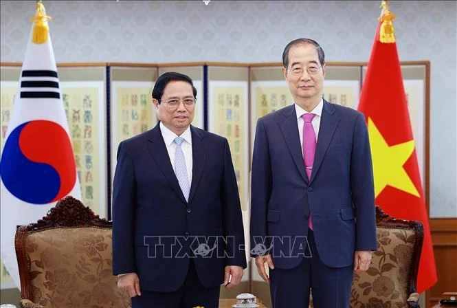 Премьер-министр Вьетнама Фам Минь Тьинь (слева) и его корейский коллега Хан Док Су на переговорах в Сеуле 2 июля (Фото: ВИA)