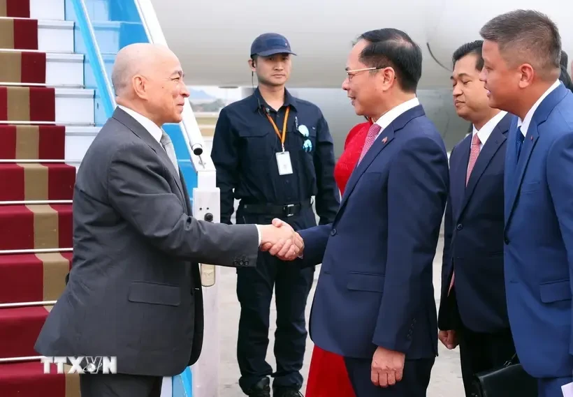 El rey Norodom Sihamoni (izquierda) es recibido en el aeropuerto internacional de Noi Bai por el viceprimer ministro y canciller, Bui Thanh Son (Fuente: VNA)