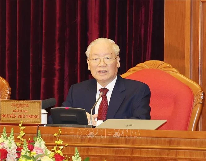Le secrétaire général du Parti Nguyên Phu Trong s’adresse au 9e Plénum du Parti du 13e mandat, à Hanoi, le 16 mai. Photo : VNA