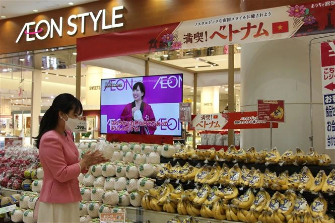 Des noix de coco et bananes vietnamiennes dans les rayons d'un supermarché AEON. Photo : VNA