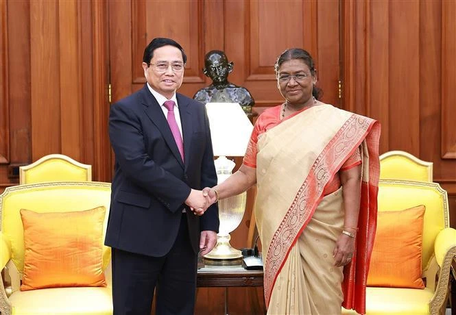 Le Premier ministre Pham Minh Chinh et la présidente indienne Droupadi Murmu, à New Delhi, le 1er août 2024. Photo: VNA