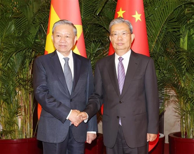 Le secrétaire général et président vietnamien Tô Lâm (à gauche) et le président du Comité permanent de l’Assemblée populaire nationale de Chine Zhao Leji, se serrent la main, à Pékin, le 19 août. Photo: VNA