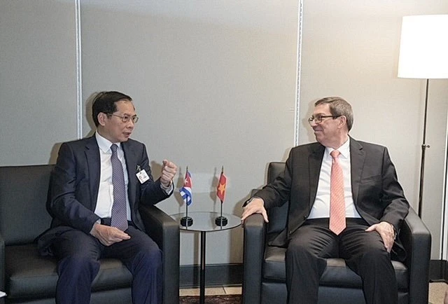 Le vice-Premier ministre vietnamien et ministre des Affaires étrangères Bui Thanh Son (à gauche) et le ministre cubain des Affaires étrangères Bruno Rodriguez. Photo: VNA