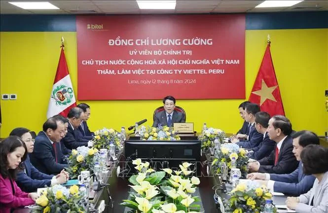 Le président vietnamien Luong Cuong (centre) lors de sa séance de travail avec avec Viettel Peru S.A.C (Bitel), à Lima. Photo : VNA