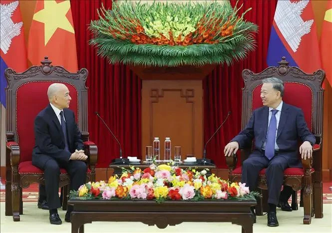 Entrevue entre le secrétaire général Tô Lâm (à droite) et le roi Norodom Sihamoni, à Hanoi, le 28 novembre. Photo : VNA