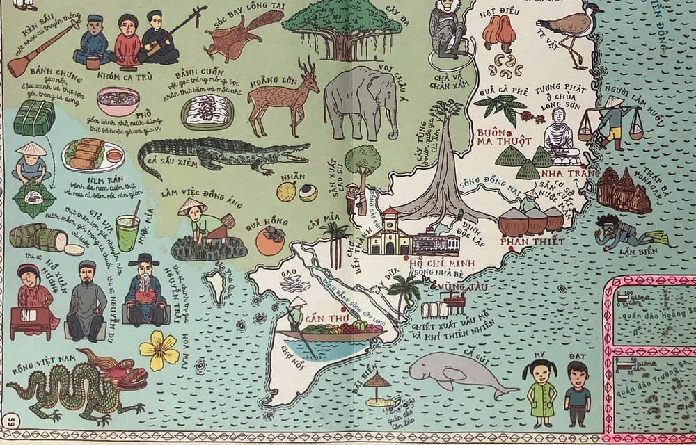 The drawing of Vietnam’s territory includes clear illustrations of Hoang Sa (Paracel) and Truong Sa (Spratly), showing the country’s sovereignty over these two archipelagoes in the East Sea.